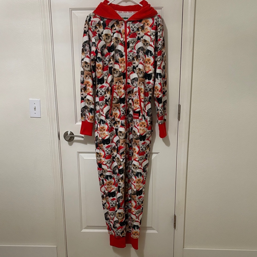 Men’s Tipsy Elves Meowy Catmus Fleece Onesie Hooded Jumpsuit Size Small